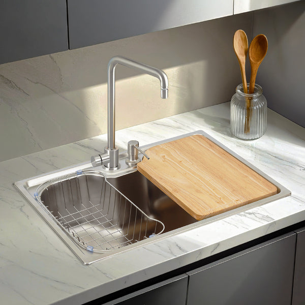 Cuba para Cozinha Gourmet Sobrepor Inox 201 60x42x20cm 0,7mm 4.1/2" com Tábua Cesto e Dosador de Sabão Casablanca